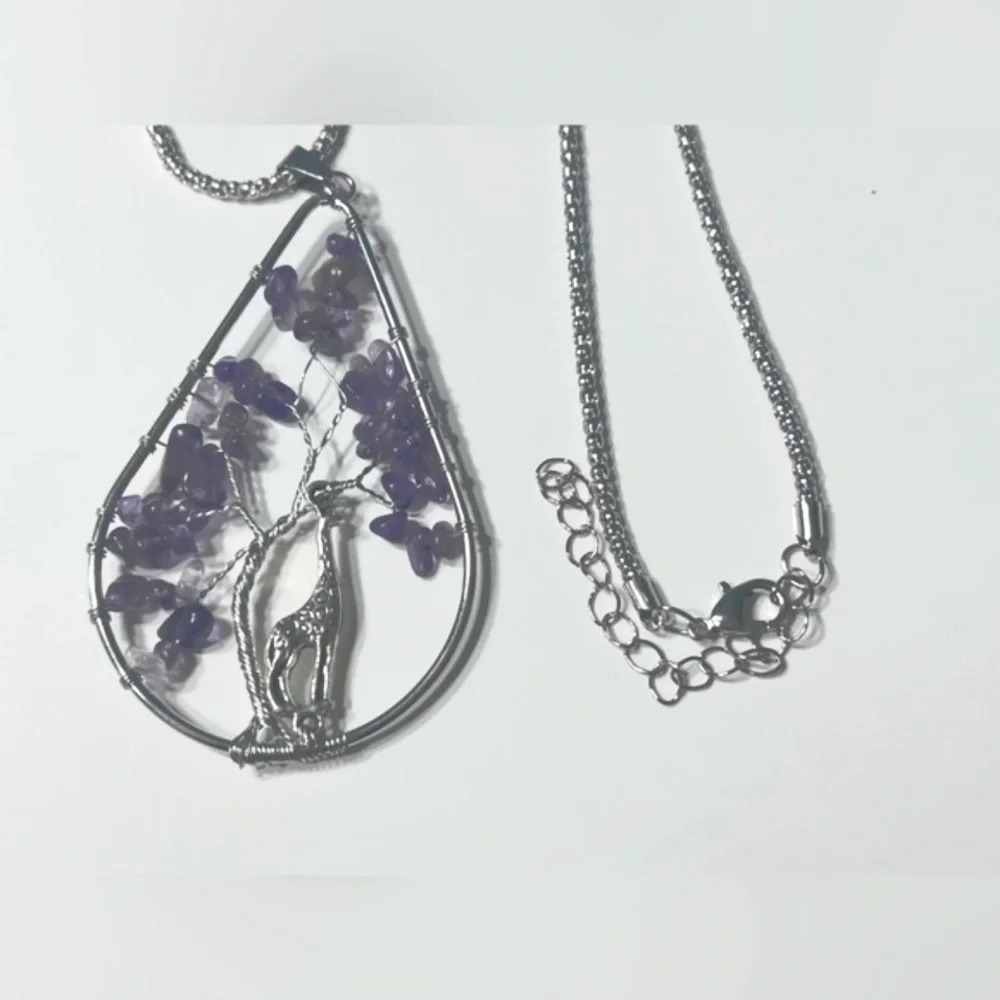 Wire Wrapped Amethyst Tree Of  Life w/Giraffe Pendant🦒📿🟣 - Picture 8 of 9